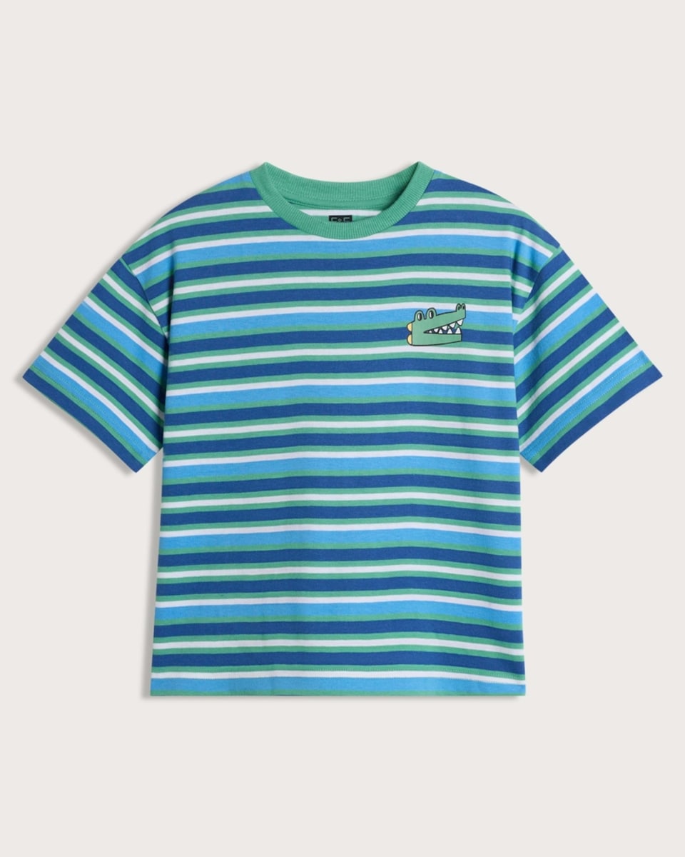 image 1 of F&F Boys Pure Cotton Striped Crocodile T-Shirt in Green
