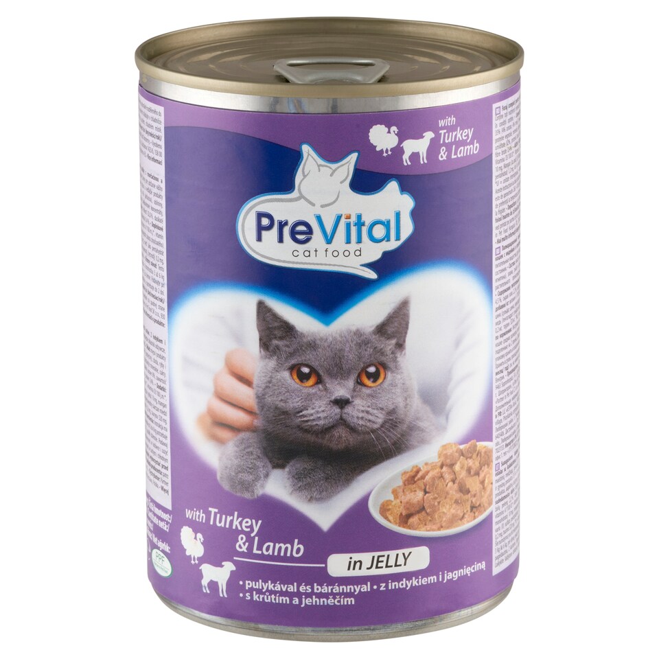 PreVital nedves macskaeledel, macskatáp felnőtt macskának pulykával/báránnyal zselében konzerv 415 g  1. kép