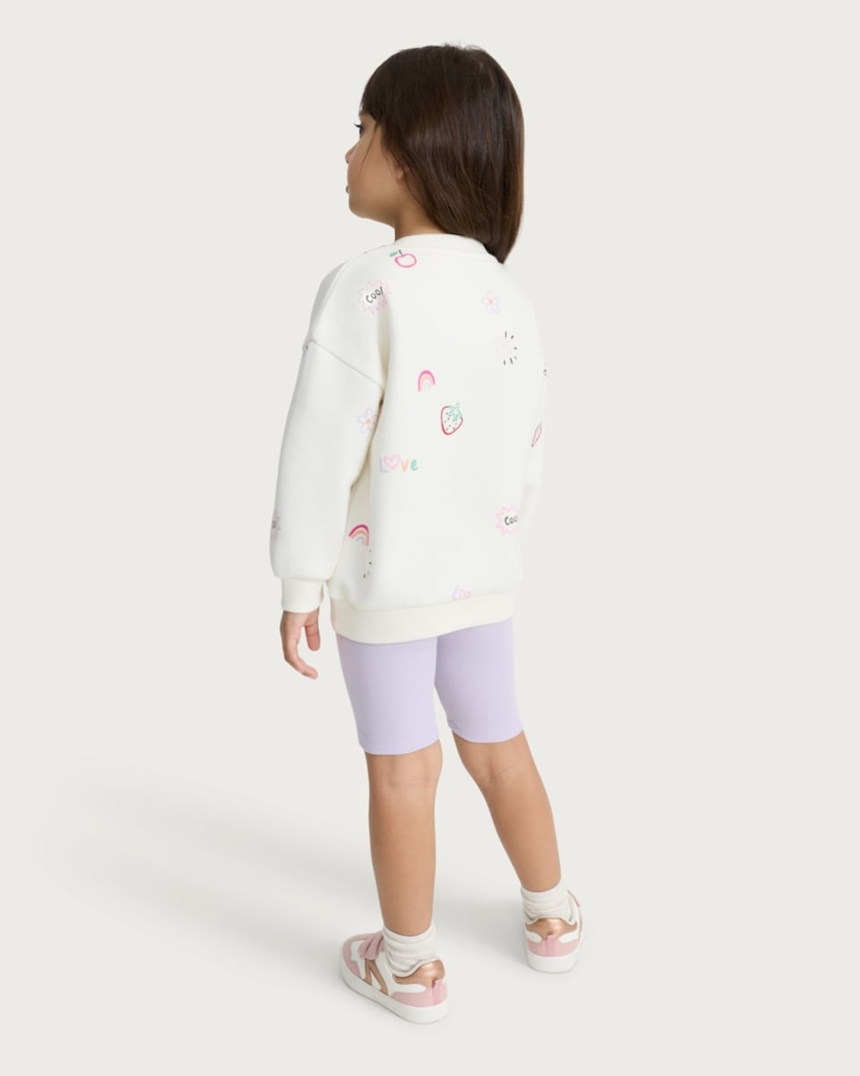 image 1 of F&F Girls 2-Piece Cotton Rich Printed Sweatshirt and Cycling Shorts Set in Multi White