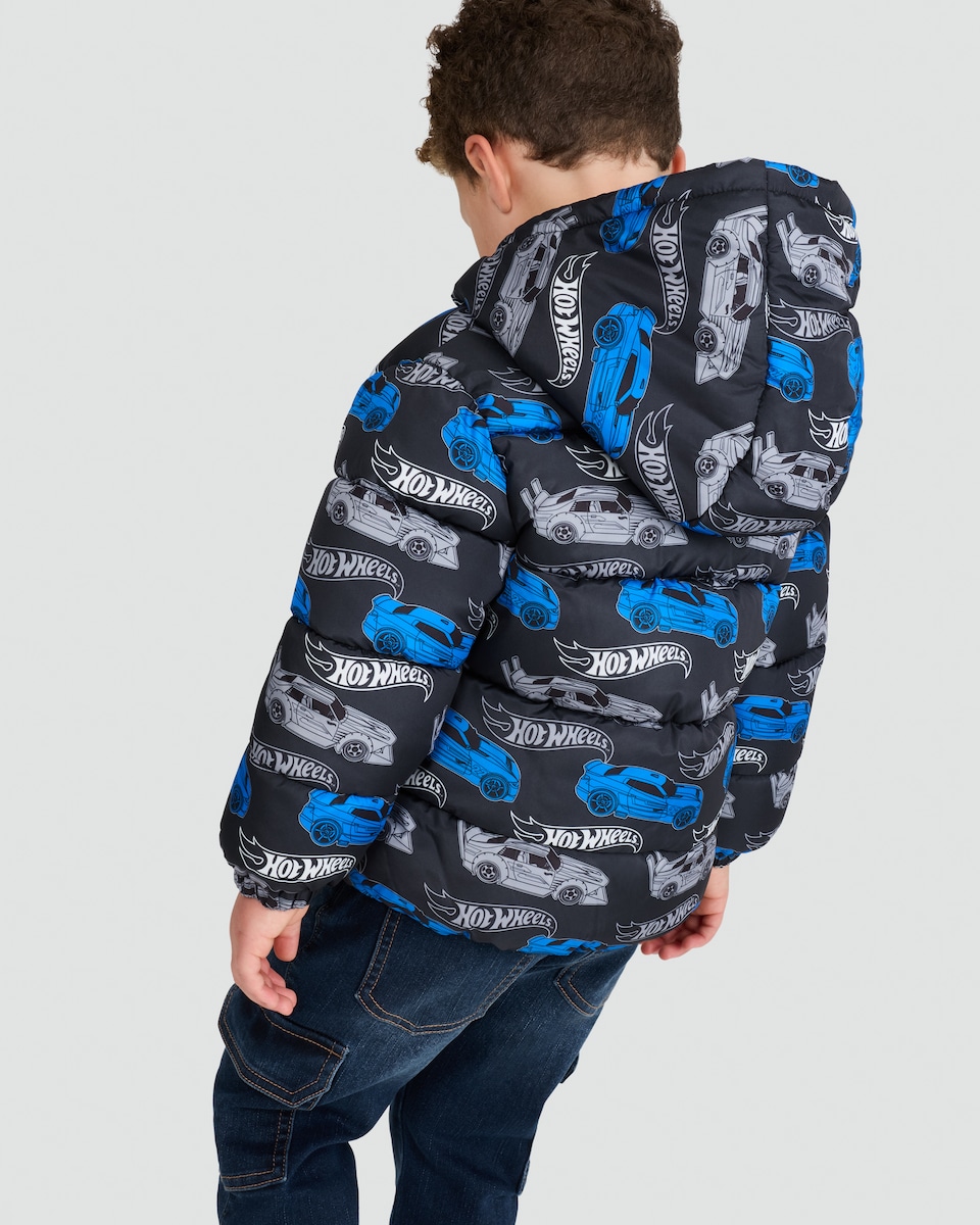 image 1 of Hot Wheels Print Padded Hooded Jacket in Black