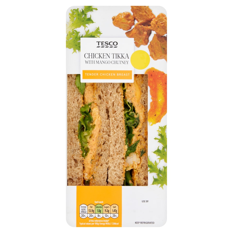 Tesco Chicken Tikka With Mango Chutney Sandwich 165G
