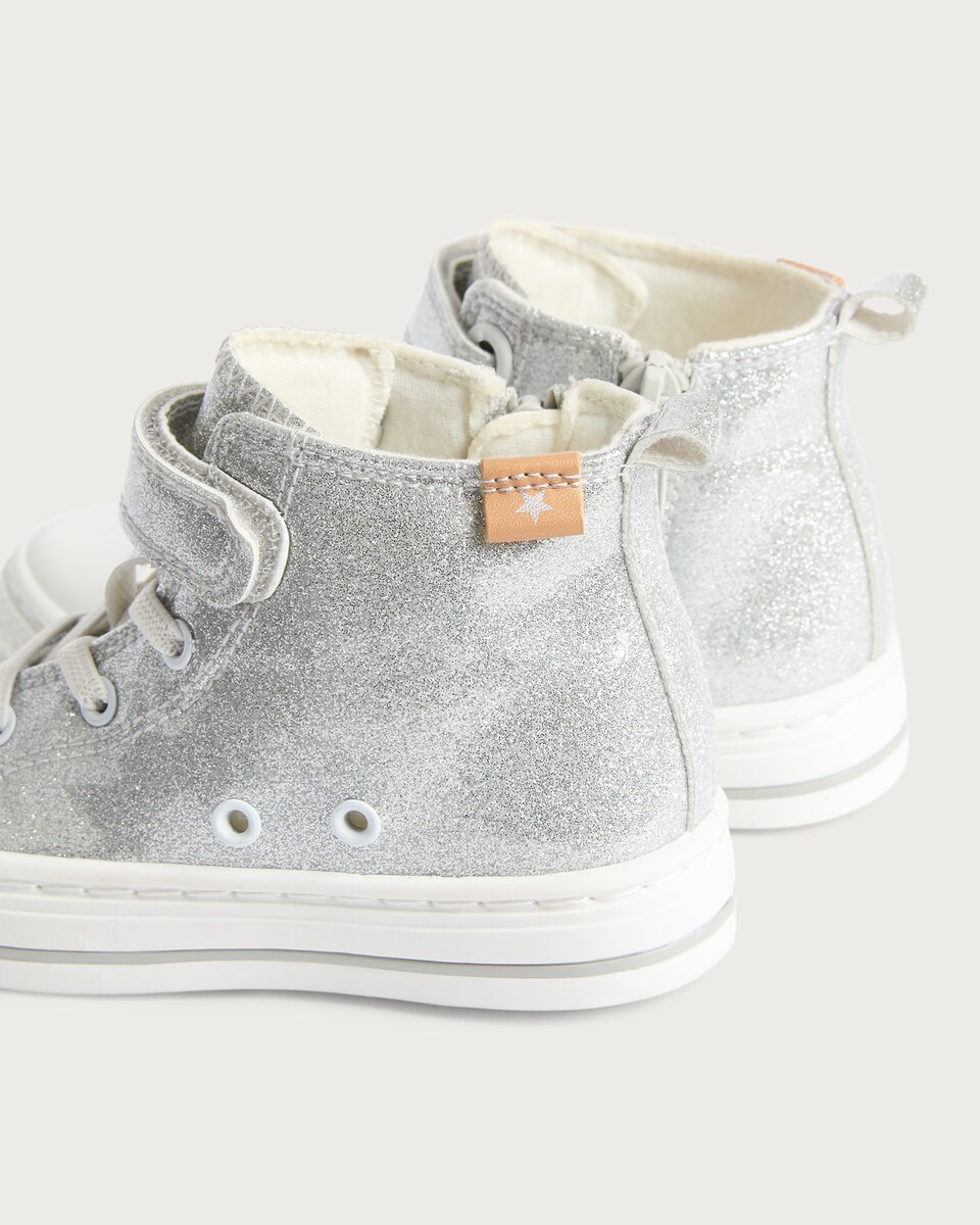 image 1 of F&F Girls Glitter Touch Fastening High Top Trainers in Silver