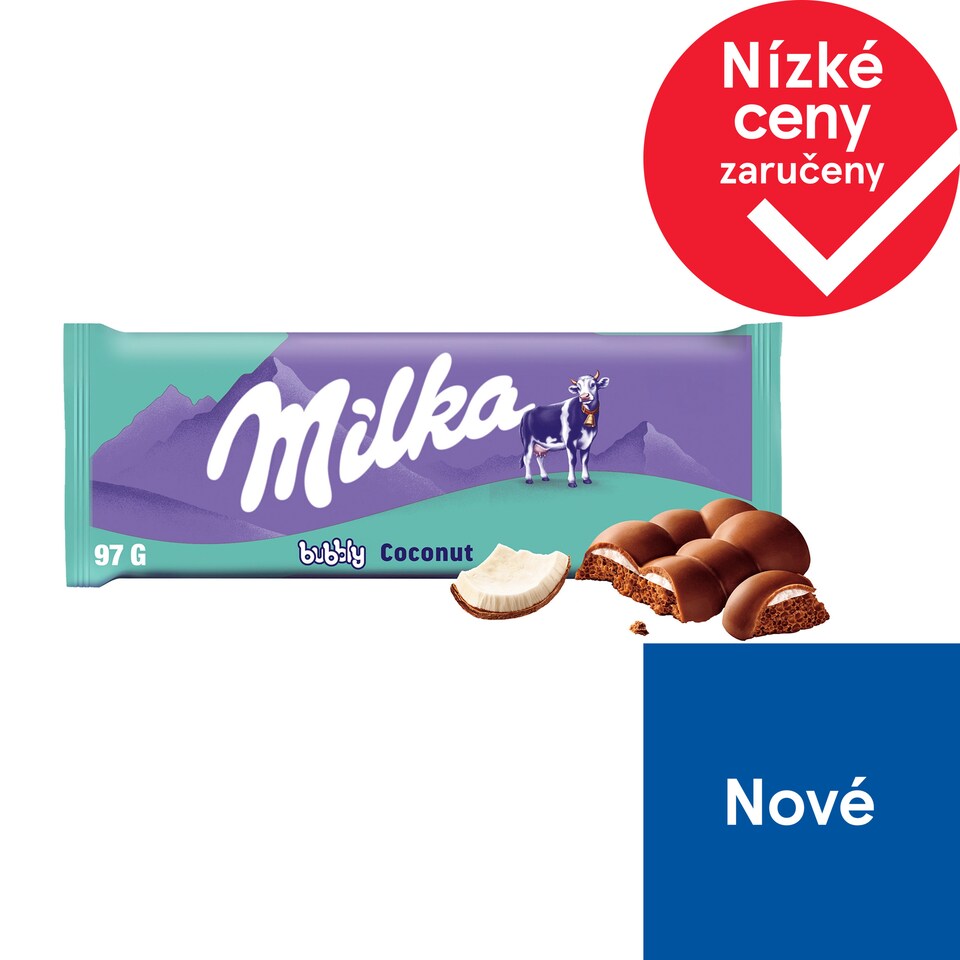 Milka čokoláda Bubbly mléčná z alpského mléka s kokosovou náplní, s bublinkami 97g