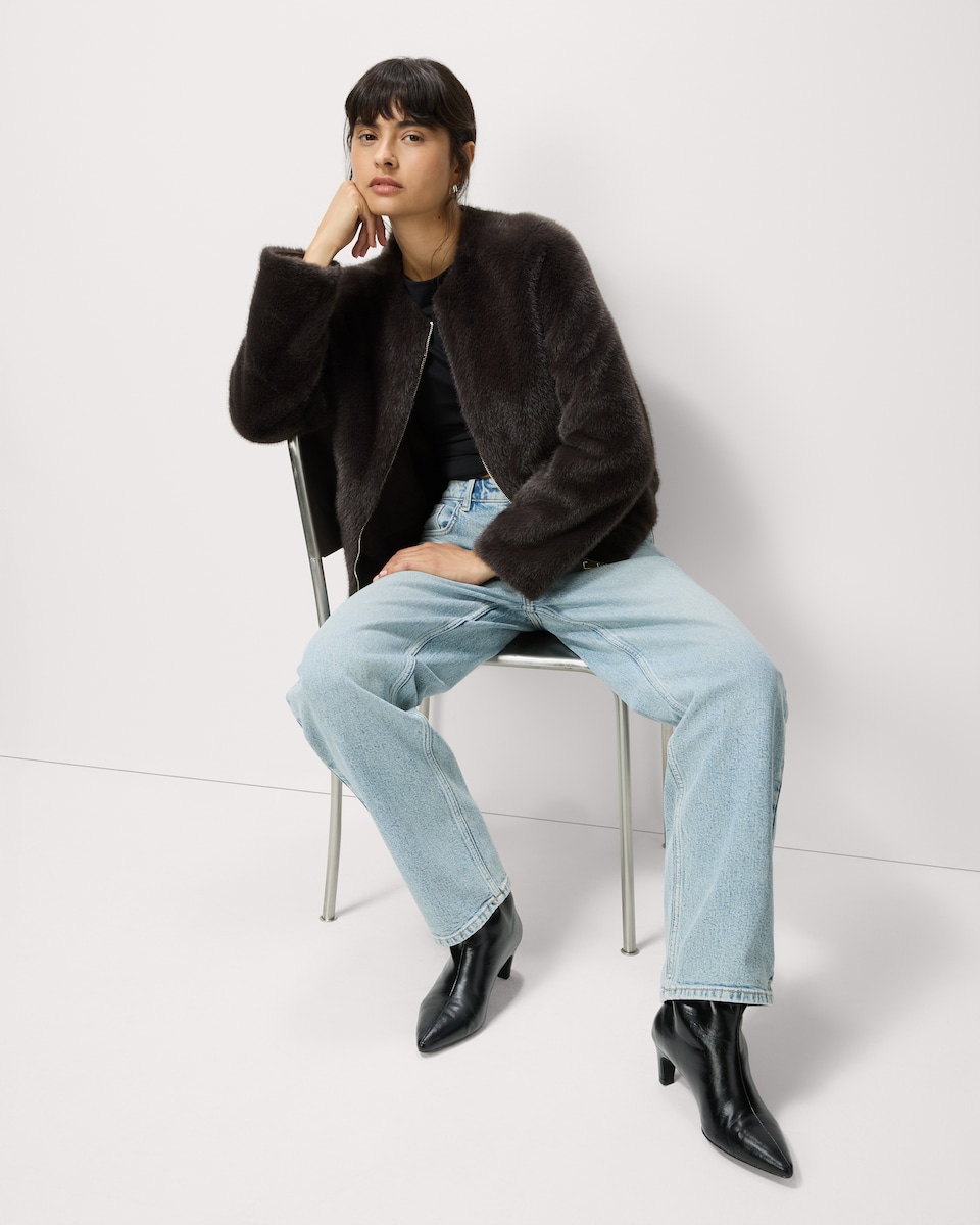 image 1 of F&F Faux Fur Zip Up Short Jacket in Grey