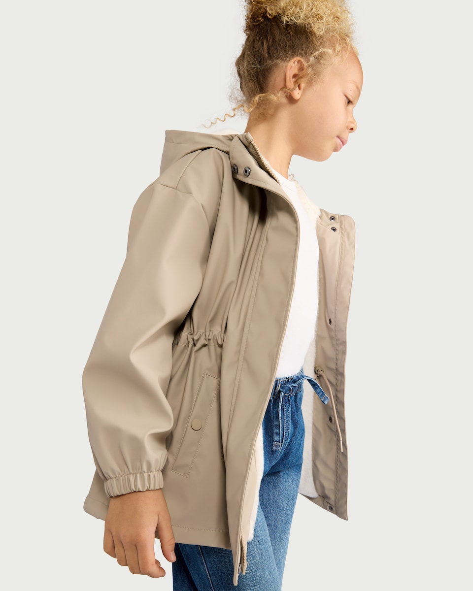 image 1 of F&F Girls Cinched Waist Hooded Raincoat in Neutral