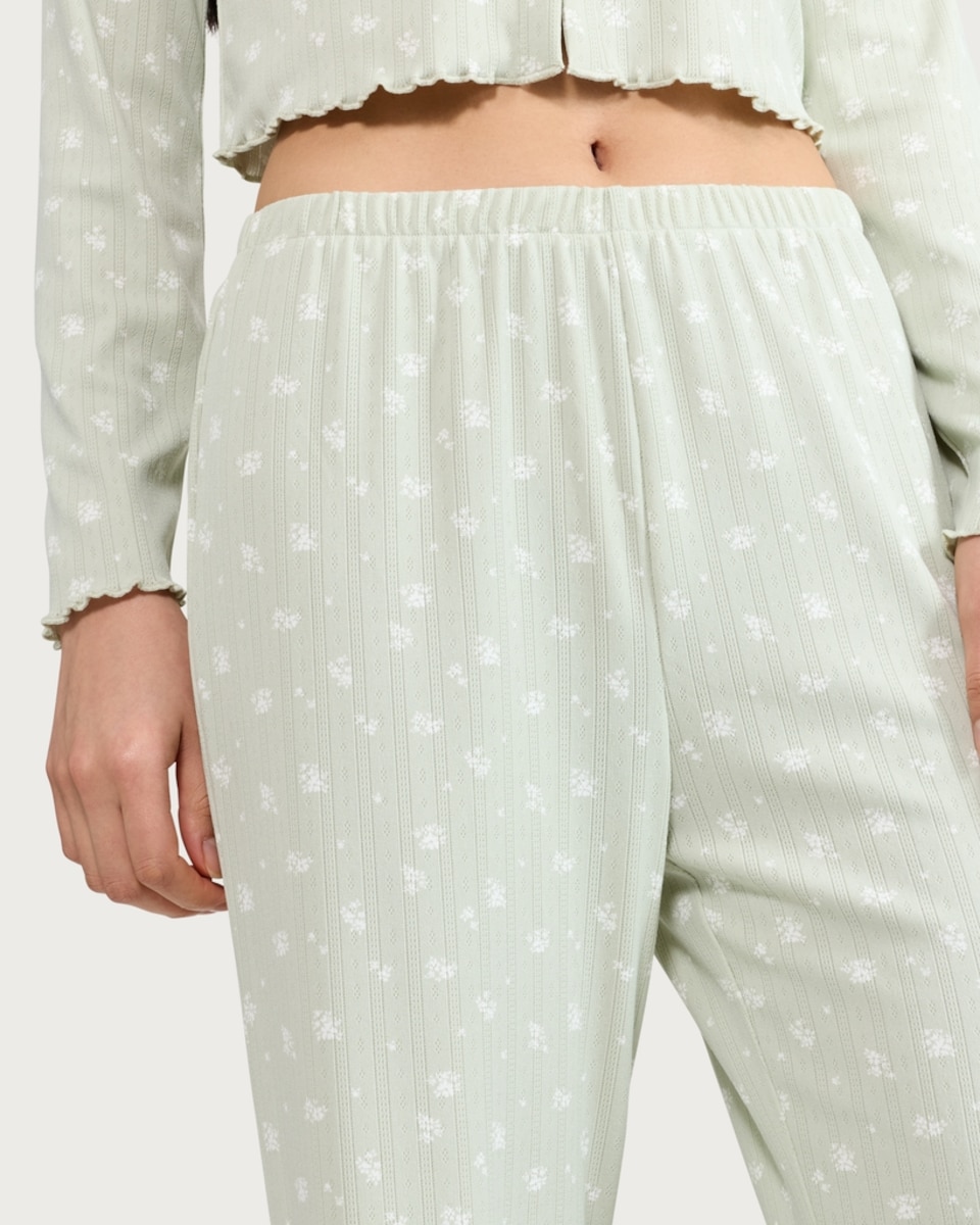 image 1 of F&F Pointelle Floral Print Wide Leg Pyjama Bottoms in Green