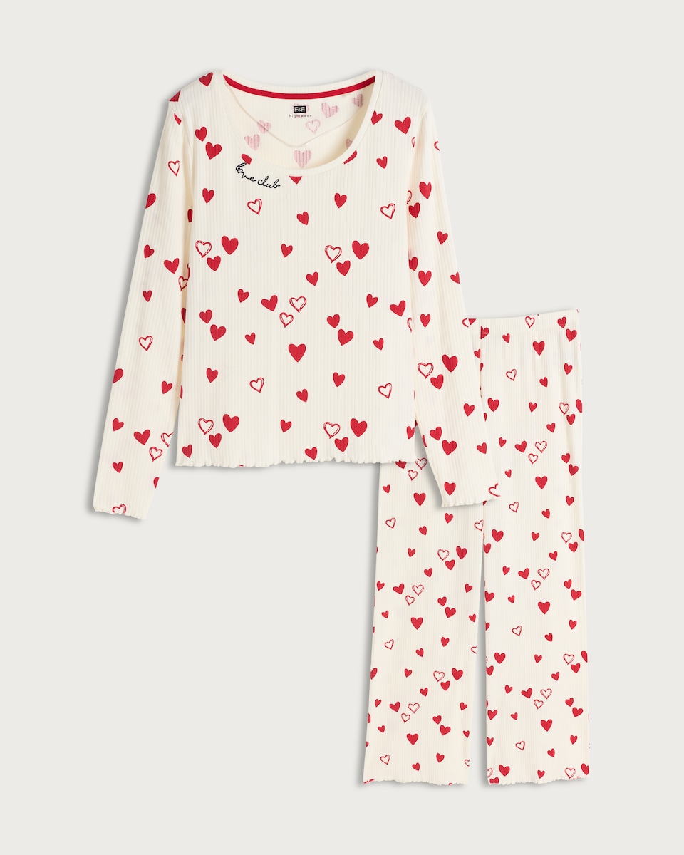 image 1 of F&F Cotton Rich Ribbed Heart Print Top and Bottoms Pyjama Set in Cream