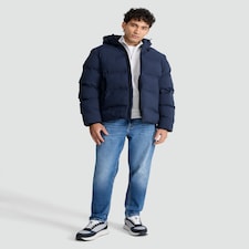 F&F Hooded Zip Through Shower Resistant Puffer Jacket in Navy