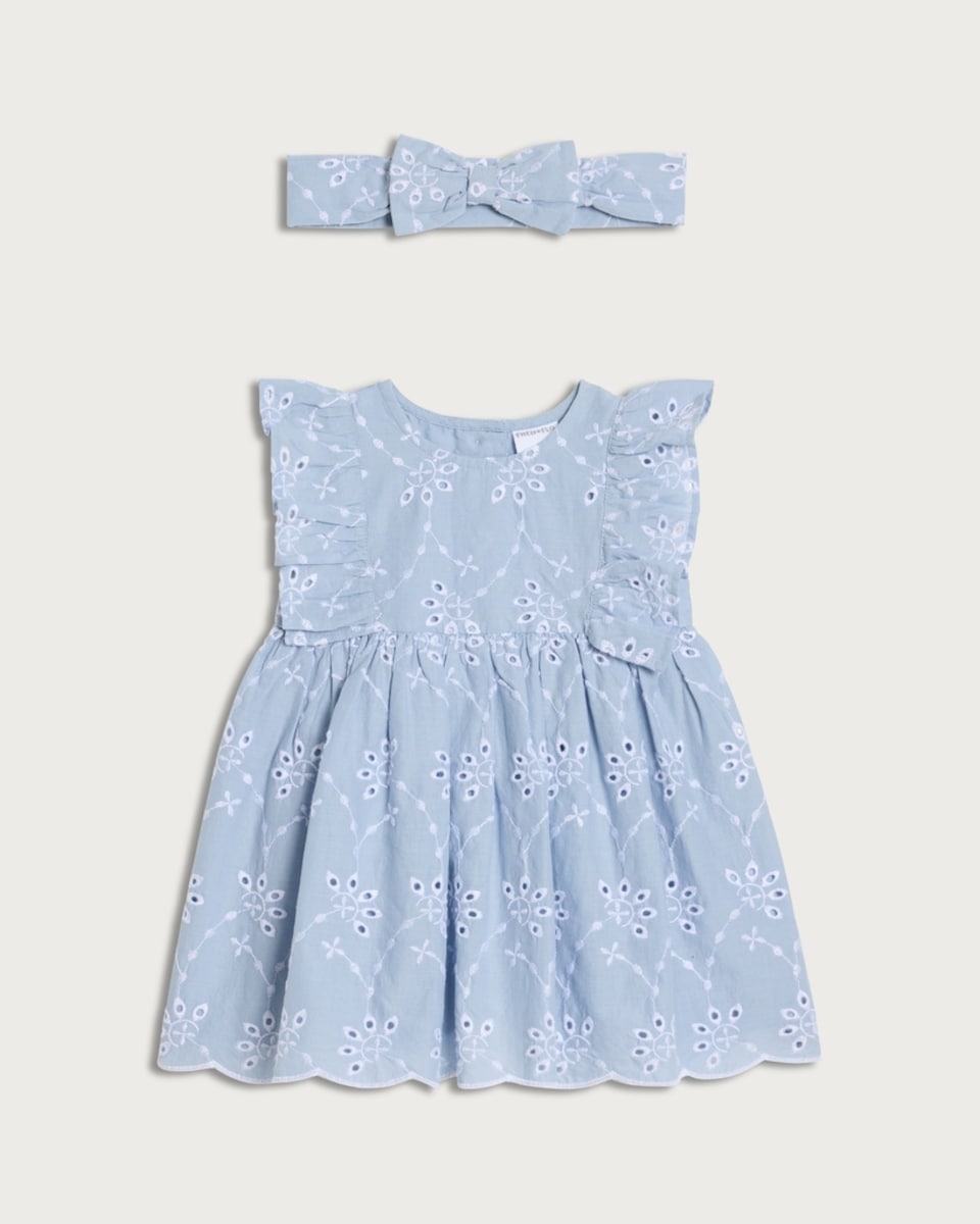 F&F Baby 2-Piece Pure Cotton Embroidered Dress and Headband Set in Blue