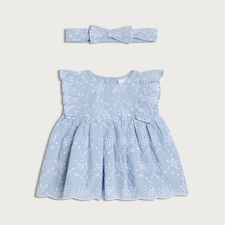 F&F Baby 2-Piece Pure Cotton Embroidered Dress and Headband Set in Blue