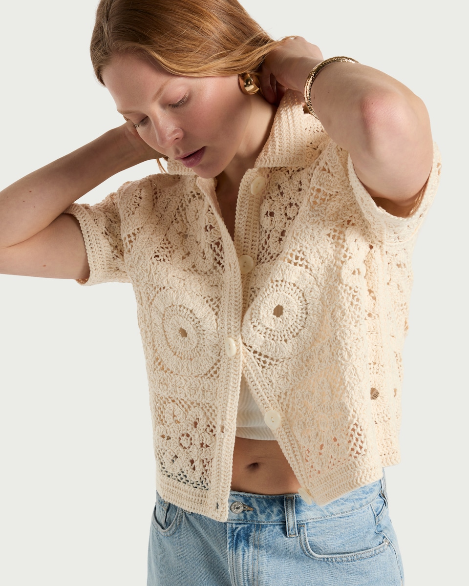 image 1 of F&F Cotton Rich Open Knit Cardigan in Neutral