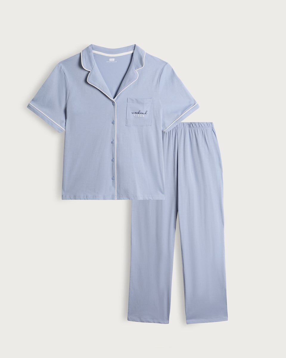 image 1 of F&F Pure Cotton Weekend Vibes Revere Pyjama Set in Blue