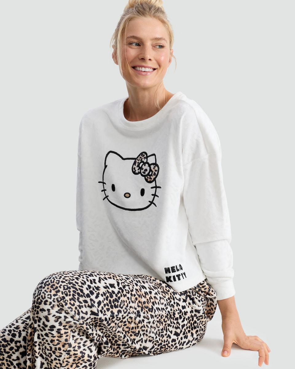 image 1 of Hello Kitty 2-Piece Leopard Print Fleece Pyjamas Set in Beige