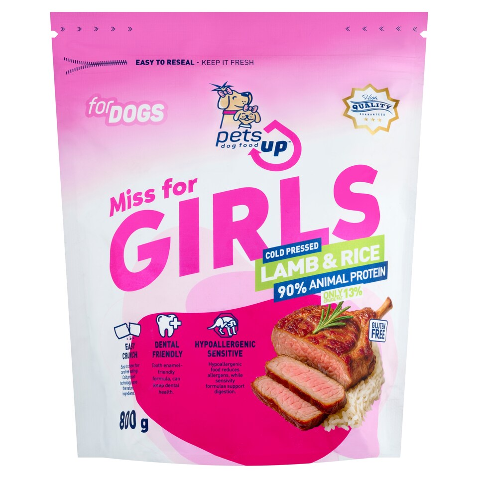PetsUp Miss for Girls érzékeny kutyák igényeihez igazodó bárány és rizs alapú prémium kutyatáp 800 g  1. kép