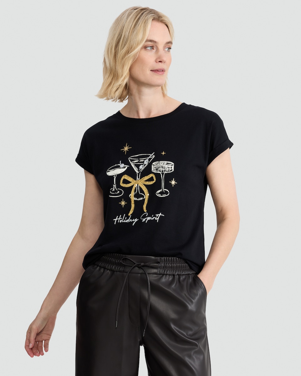 image 1 of F&F Pure Cotton Holiday Spirit Cocktail Print T-Shirt in Black