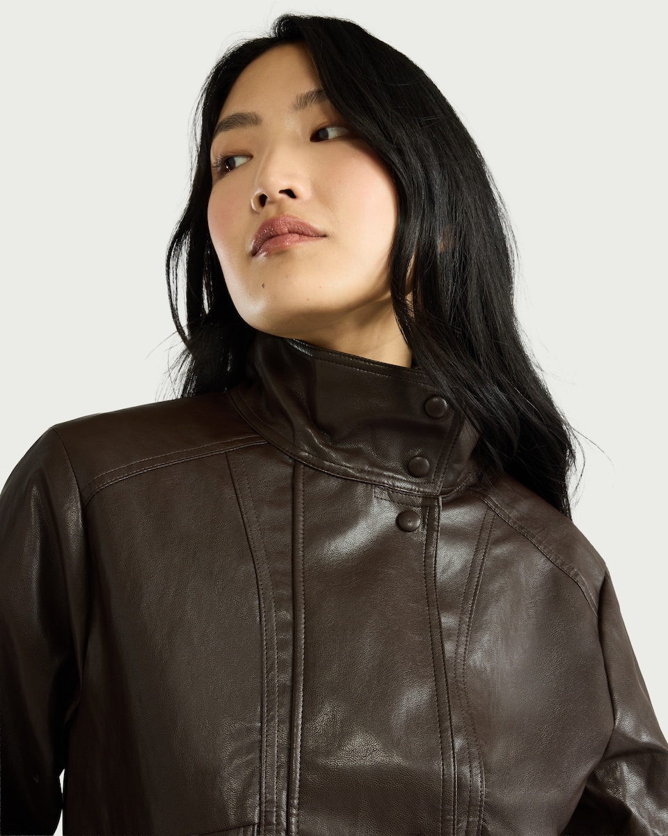 image 1 of F&F Faux Leather Bubble Hem Jacket in Brown