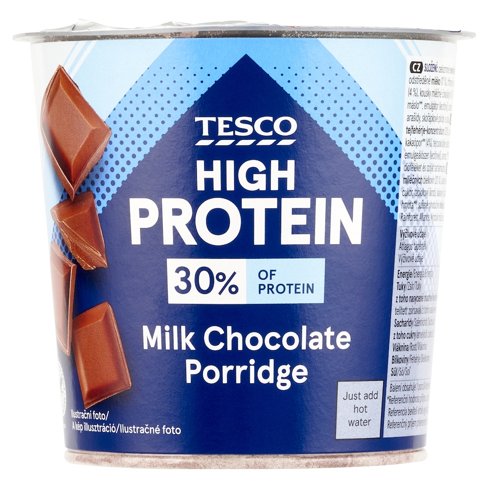 Tesco High Protein instantná kakaová ovsená kaša s kúskami mliečnej čokolády 65 g