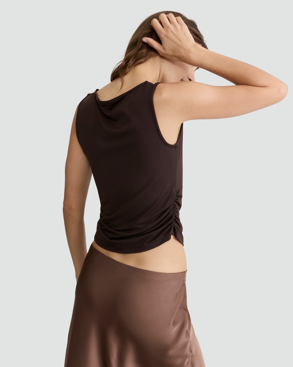 image 1 of F&F Polyamide Cowl Neck Ruched Sleeveless Top in Chocolate