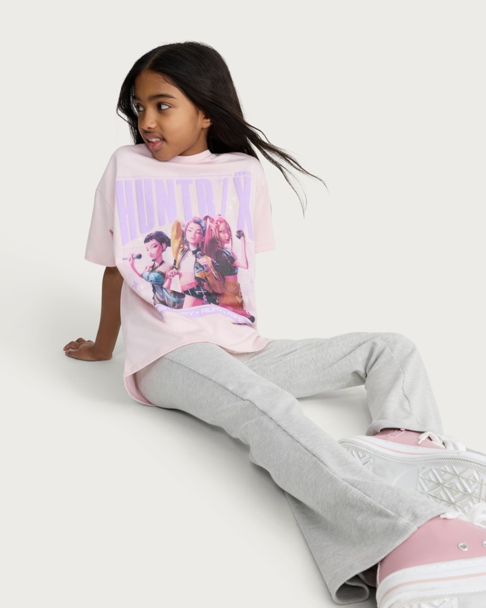 image 1 of K-Pop Demon Hunters Cotton Rich Huntrix T-Shirt and Flared Leggings Set in Pink