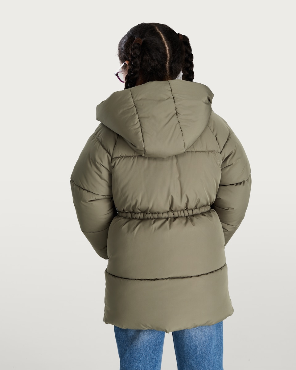 image 1 of F&F Girls Hooded Longline Shower Resistant Puffer Coat in Khaki