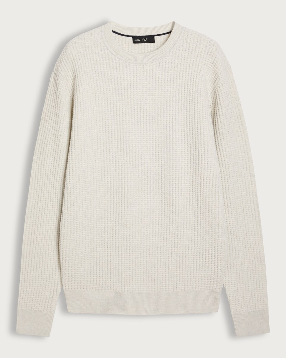 image 1 of F&F Waffle Knit Crew Neck Jumper with Wool in Cream
