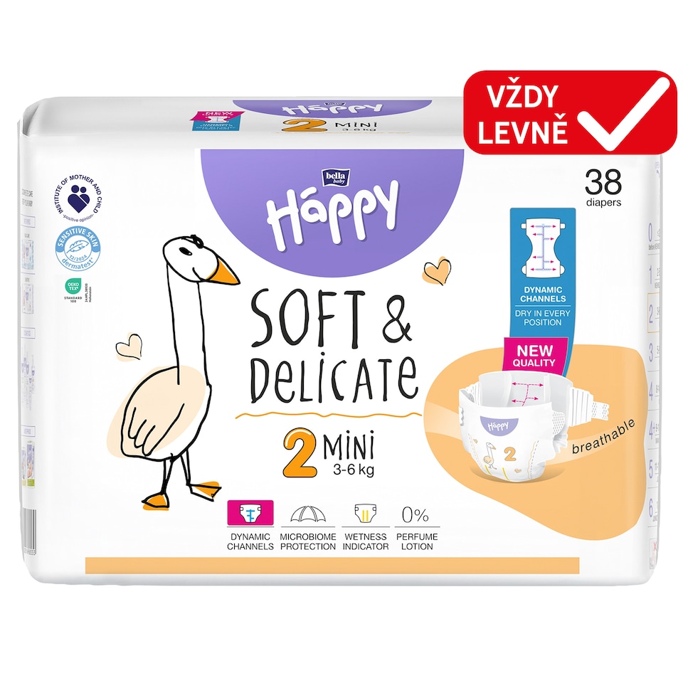 Bella Baby Happy dětské plenky s kanálky Soft & Delicate vel. 2 (3-6 kg), 38 ks