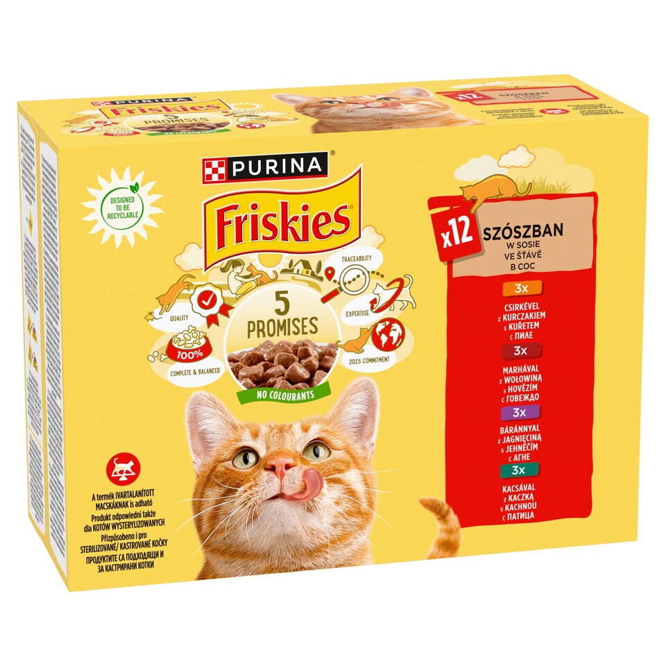 obrázok 1 z PURINA FRISKIES multipack s kuraťom, hovädzím, jahňacím, kačicou v šťave 12 x 85 g
