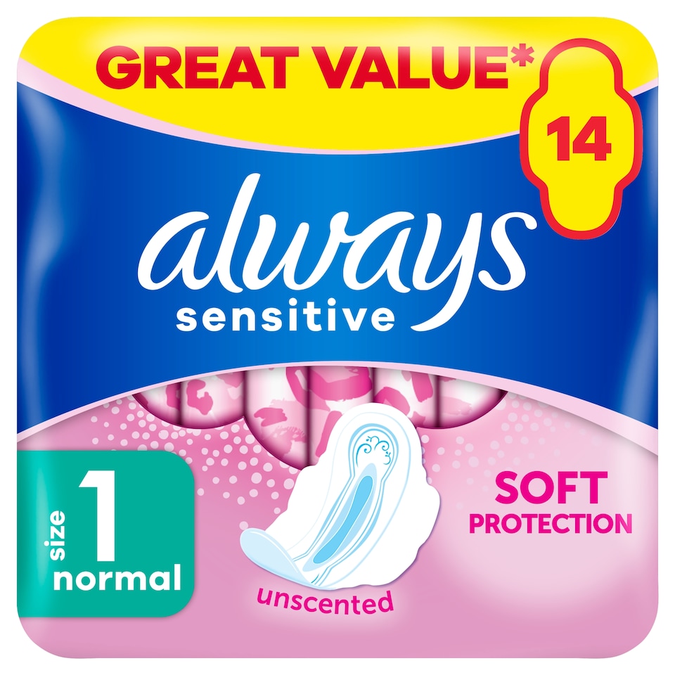 image 1 of Always Sensitive Normal Size 1 Sanitary Towels With Wings 14 Pack