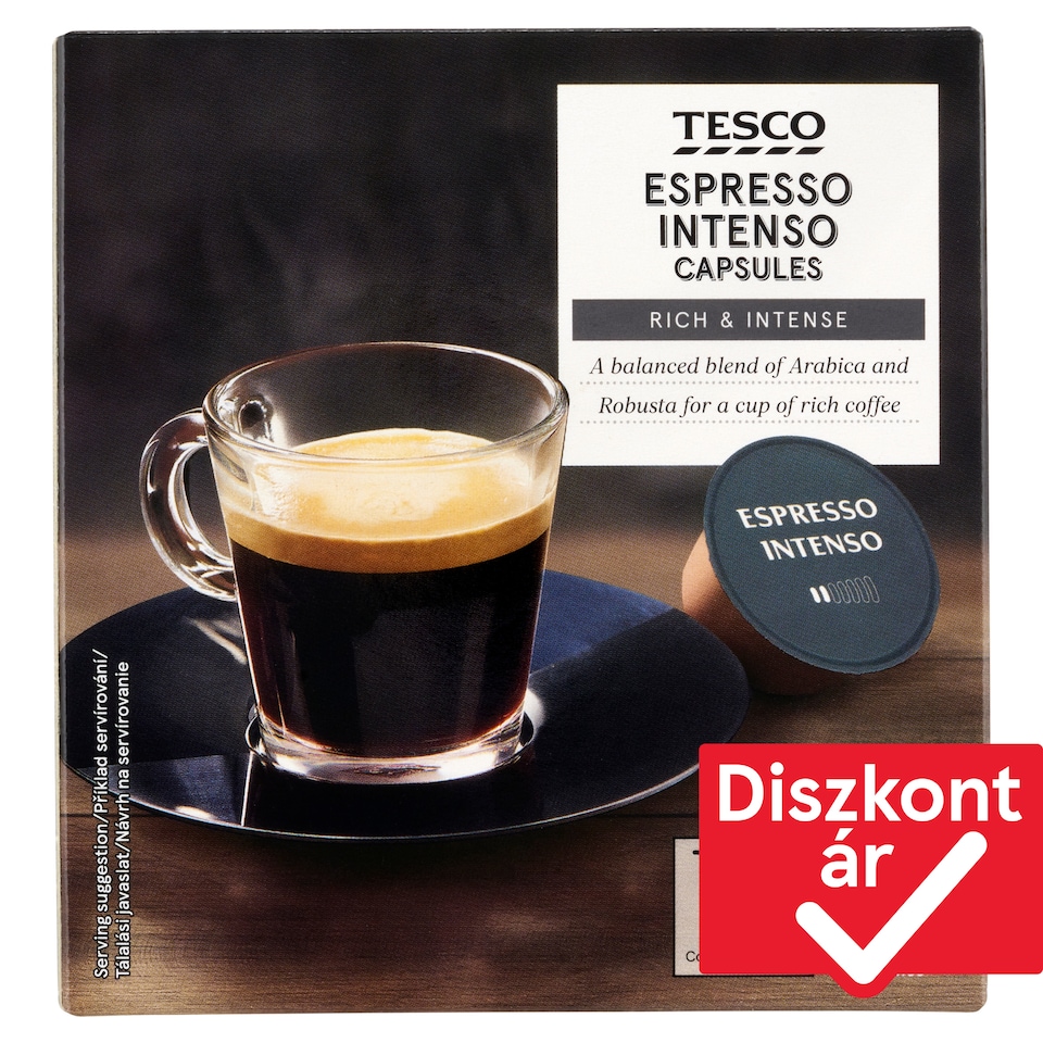 Tesco Espresso Intenso őrölt, pörkölt kávé egyadagos kapszulákban 16 x 7 g (112 g)