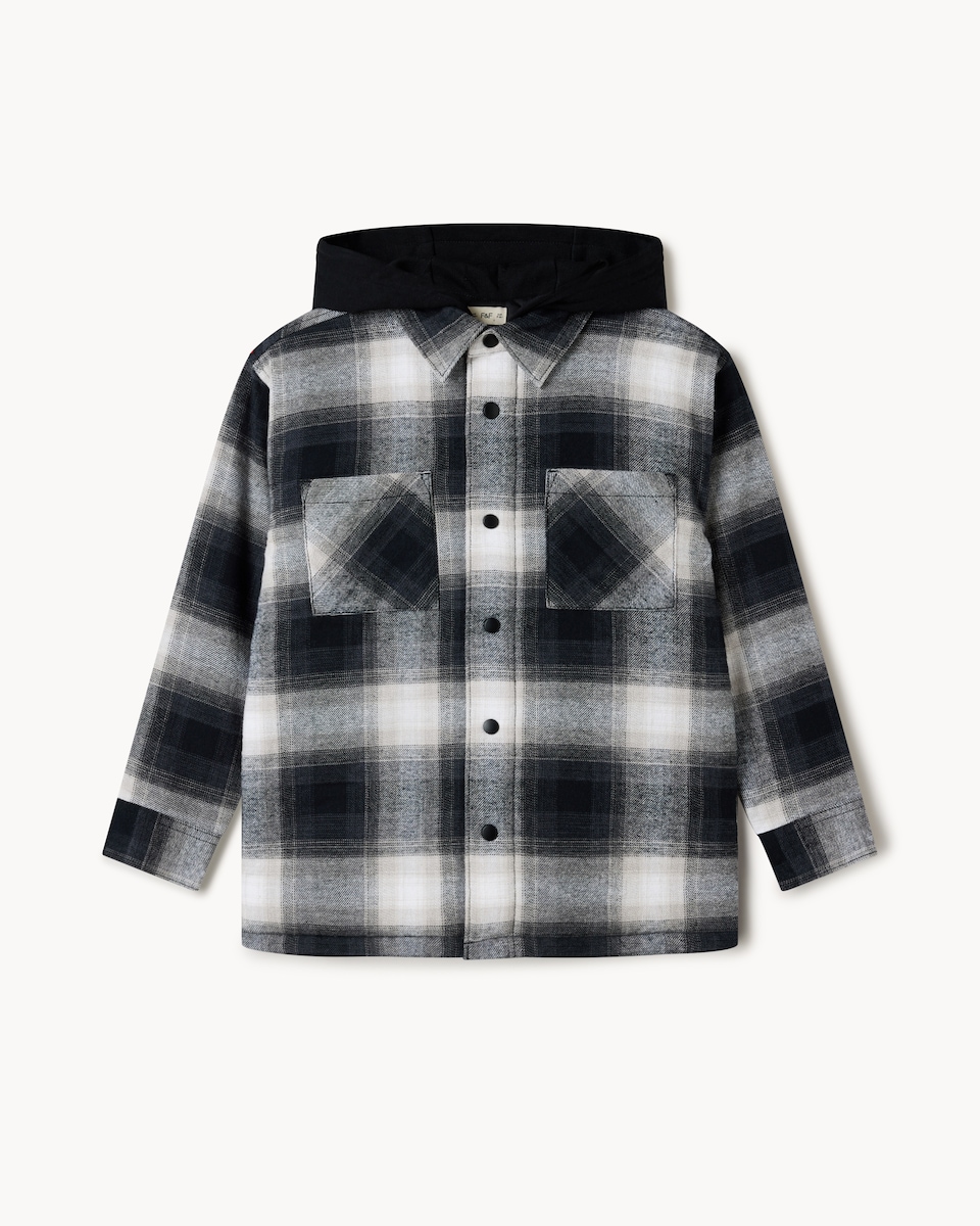 image 1 of F&F Boys Check Hooded Shirt in Black