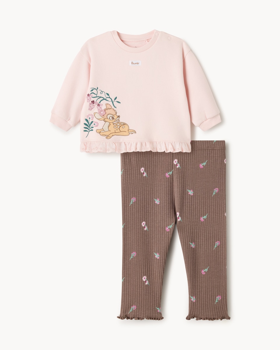 image 1 of Disney Bambi Cotton Rich Sweatshirt and Ribbed Leggings Set in Pink