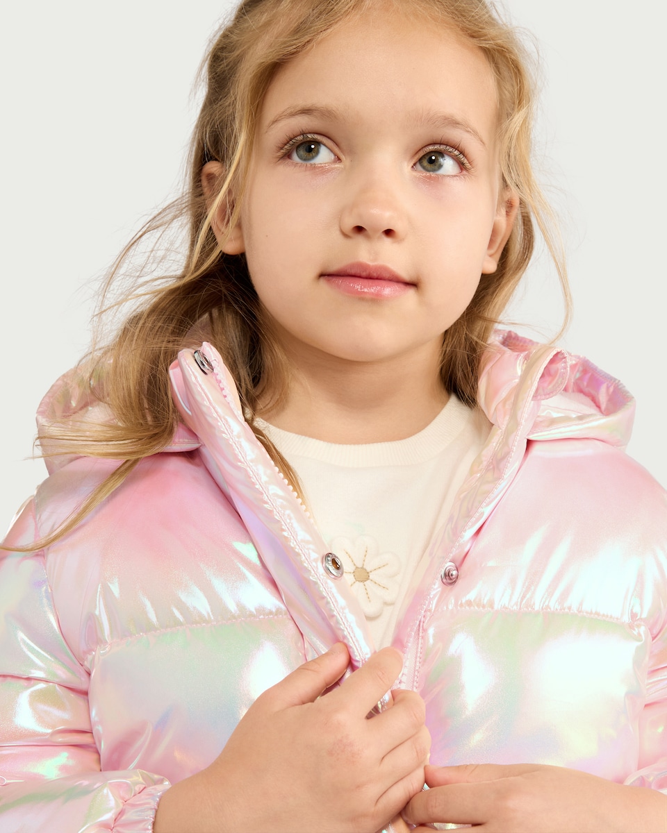 image 1 of F&F Girls Metallic Hooded Puffer Coat in Multi