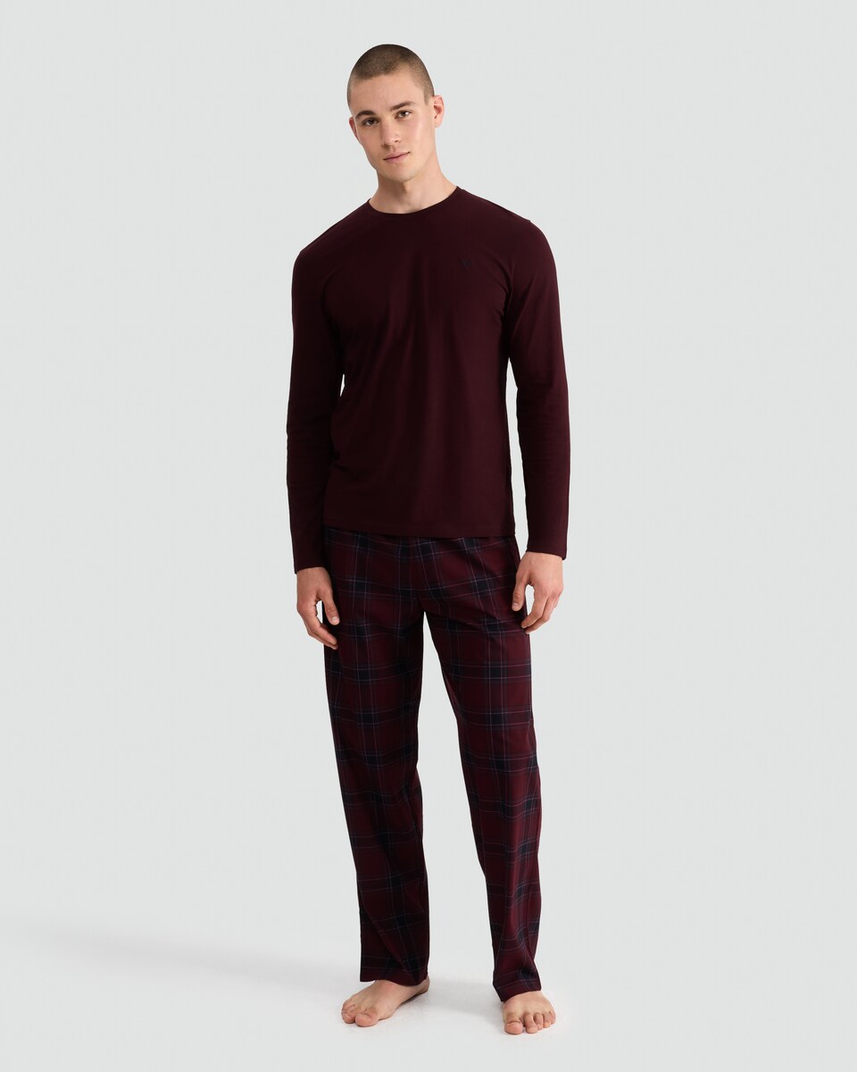 image 1 of F&F Long Sleeved Fleece Check Print Pyjamas in Burgundy