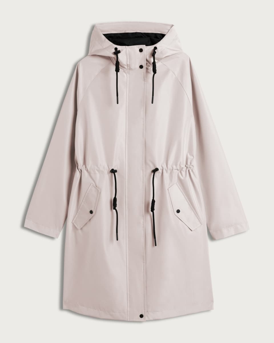 image 1 of F&F Shower Resistant Drawstring Waist Hooded Raincoat in Neutral