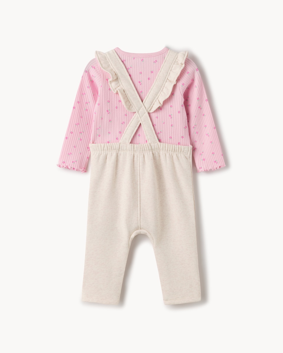 image 1 of F&F Baby 2-Piece Embroidered Floral Dungarees and Bodysuit Set in Neutral