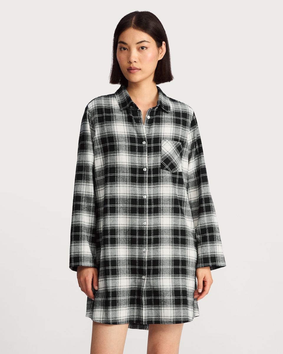 image 1 of F&F Pure Cotton Check Print Longline Pyjama Shirt in Multi Black