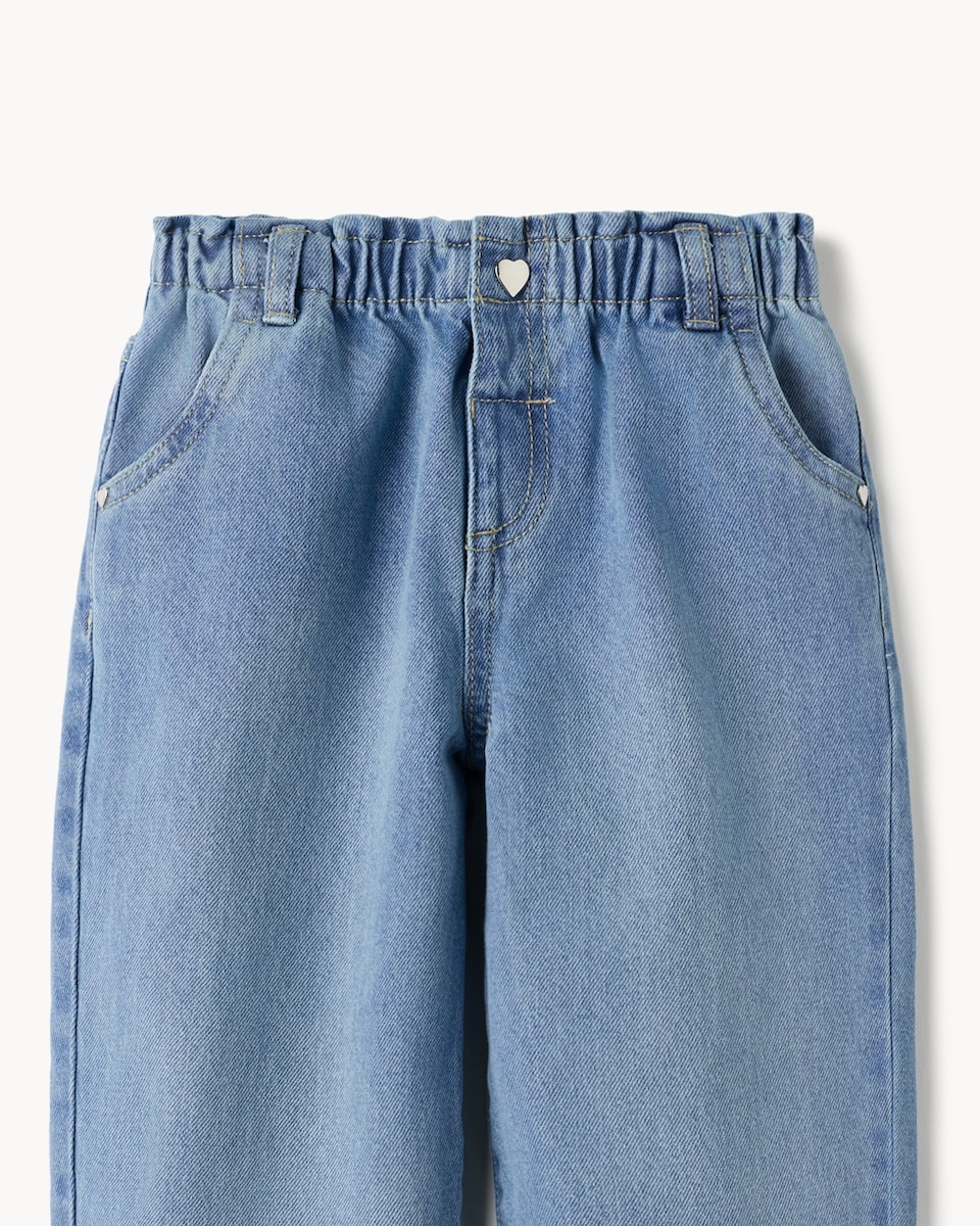 image 1 of F&F Girls Pure Cotton Heart Pocket Barrel Leg Jeans in Blue