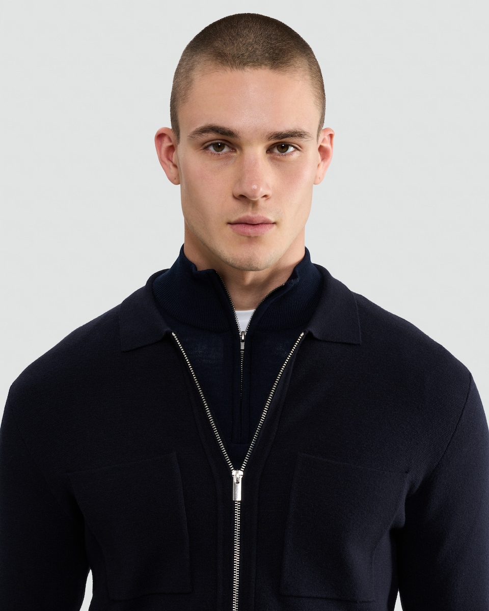 image 1 of The F&F Edit Knitted Pocket Front Zip Up Collared Jacket in Navy