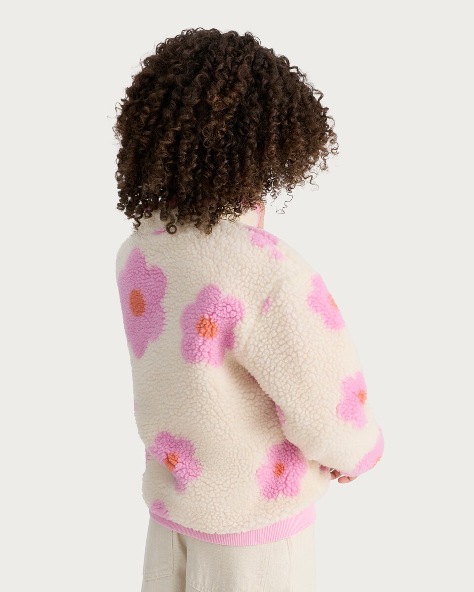 image 1 of F&F Girls Fleece Textured Floral Print Jacket in Cream