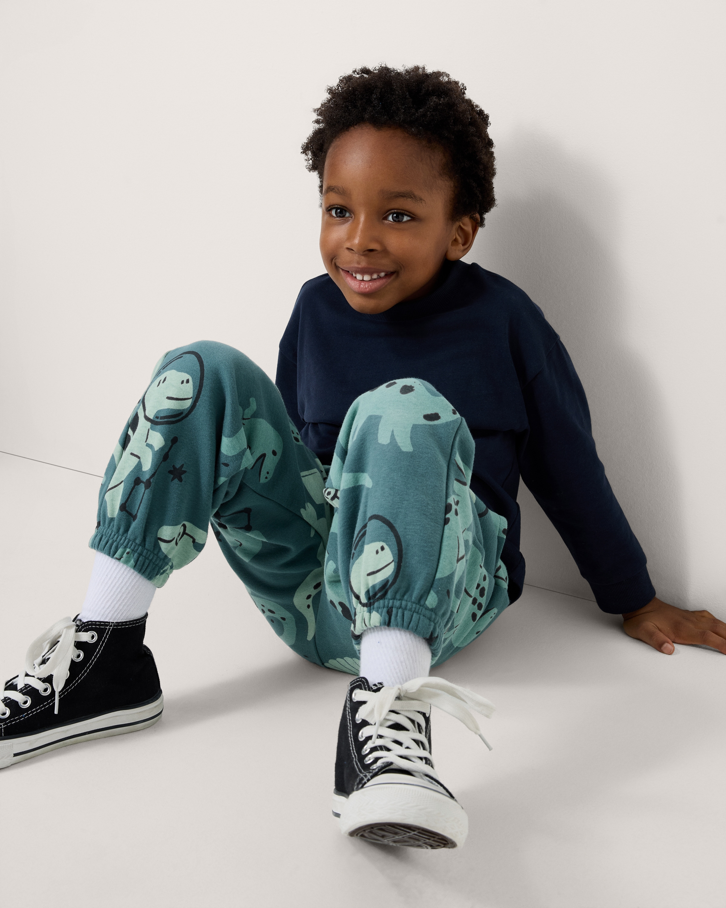 F&F Boys Cotton Rich Dinosaur Cuffed Joggers in Teal