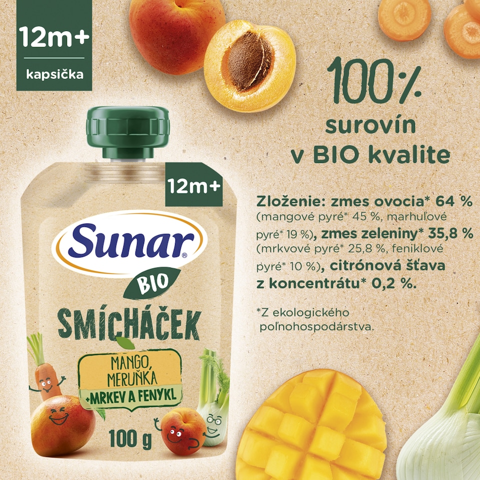 image 1 of Sunar Organic Smícháček Mango, Apricot + Carrot and Fennel 100 g
