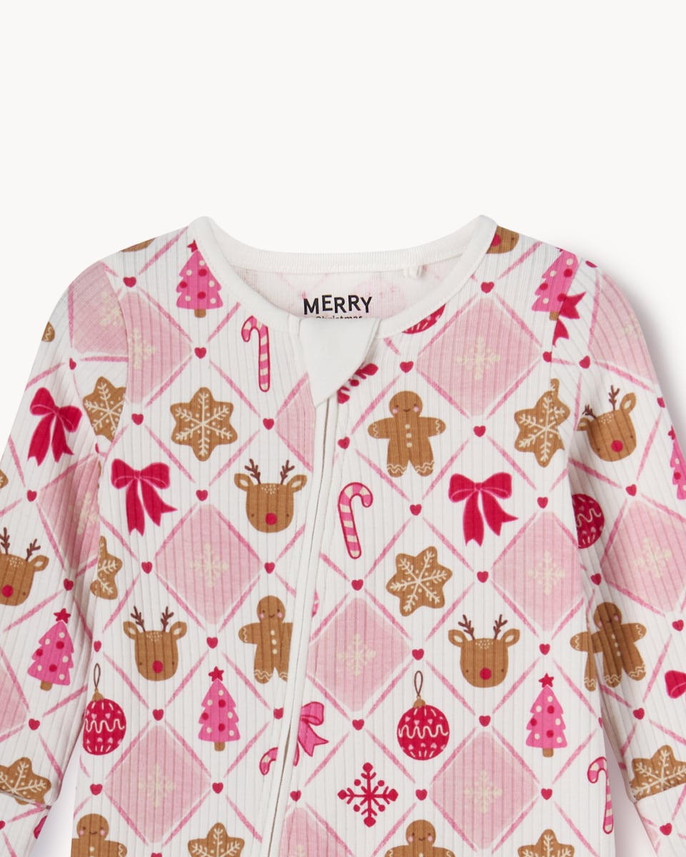 image 1 of Christmas Baby Cotton Rich Ribbed Printed Sleepsuit in Pink