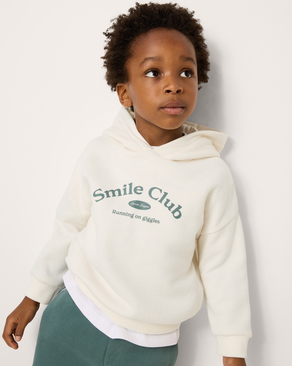 image 1 of F&F Boys Cotton Rich Slogan Hoodie and Joggers Set in Cream
