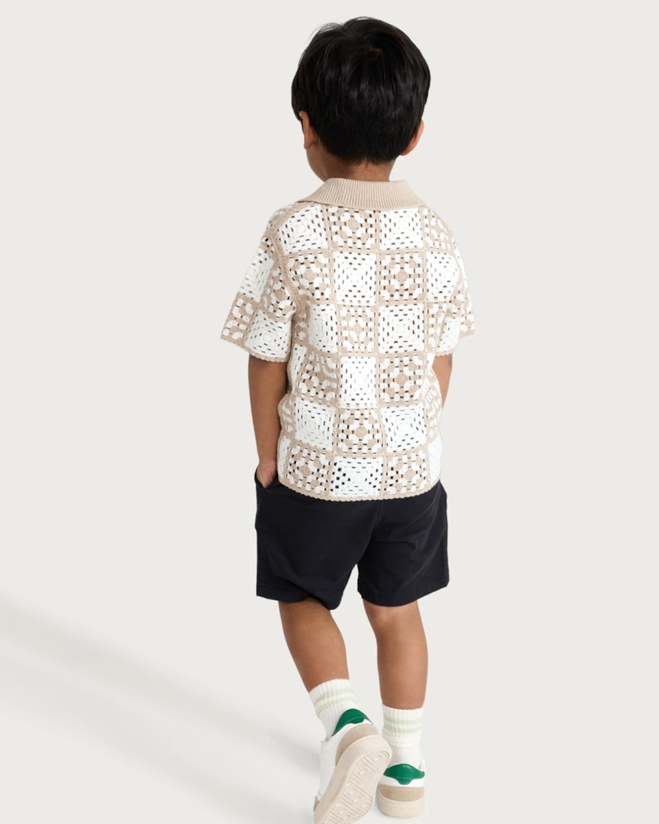 image 1 of F&F Boys Cotton Rich Knitted Patchwork Short Sleeved Shirt in Stone