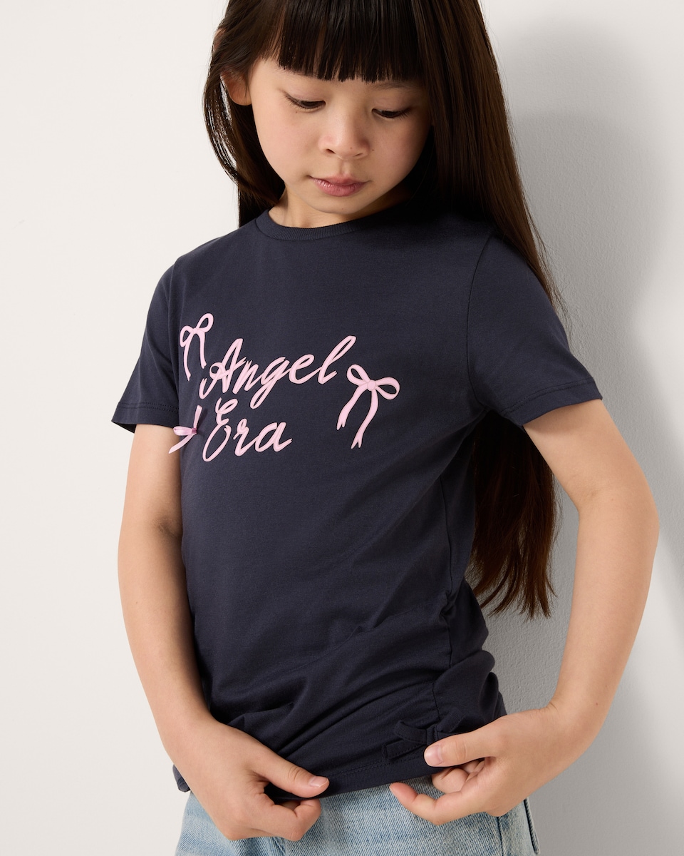 image 1 of F&F Girls Pure Cotton Angel T-Shirt in Navy