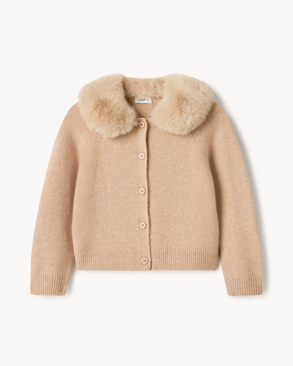 image 1 of F&F Girls Faux Fur Collared Cardigan in Tan