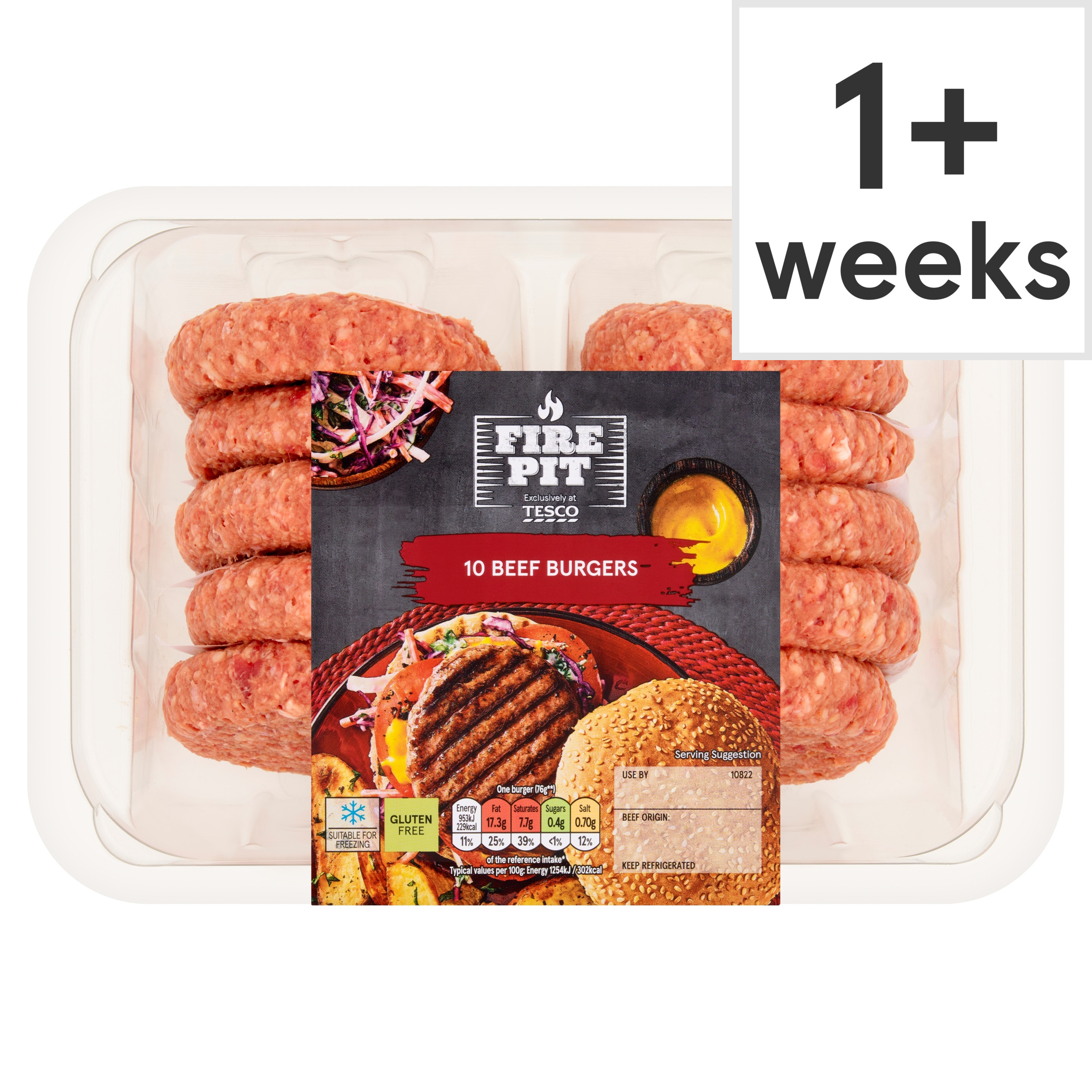 Tesco Fire Pit 10 Beef Burgers 920g NEW