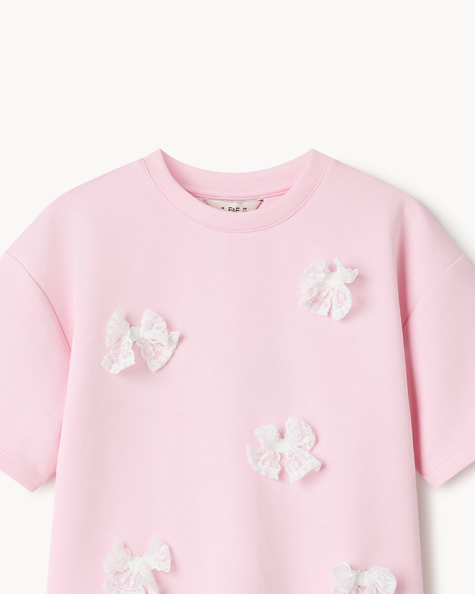 image 1 of F&F Girls Bow Detail Top and Joggers Set in Pink