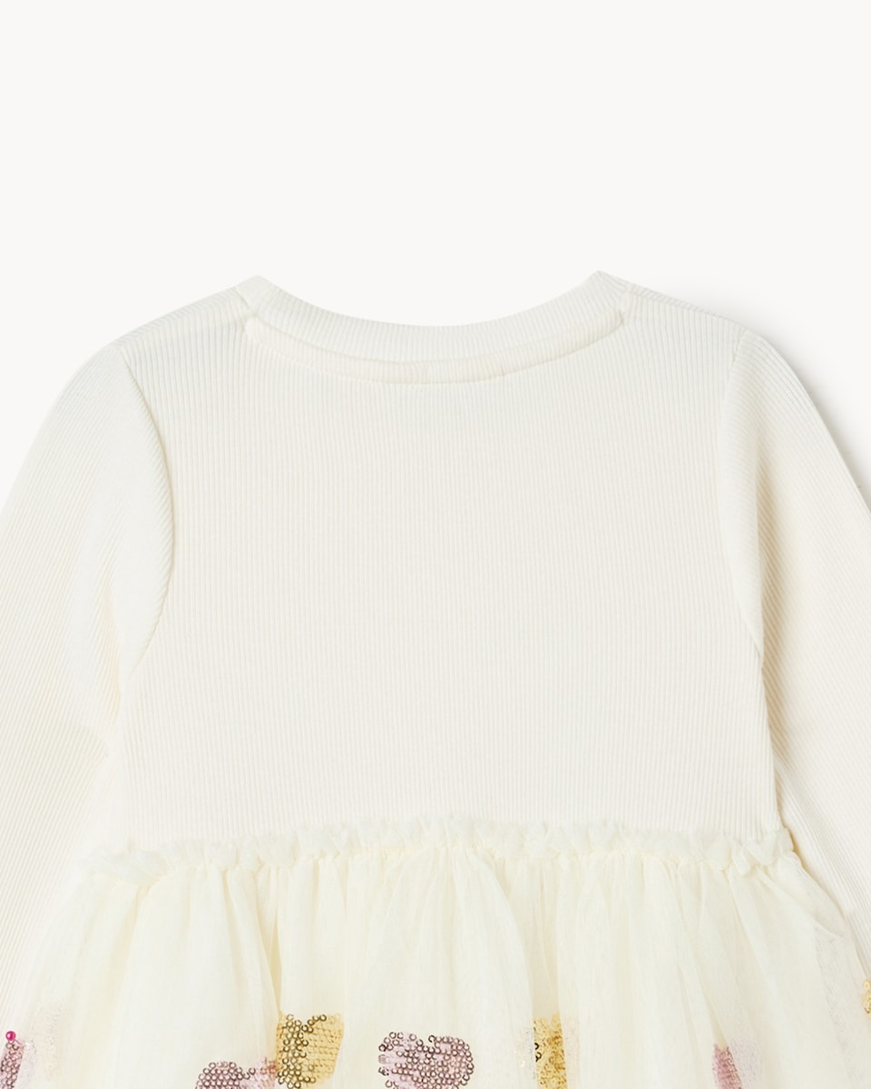image 1 of F&F Girls Heart Sequin Embellished Dress in Cream