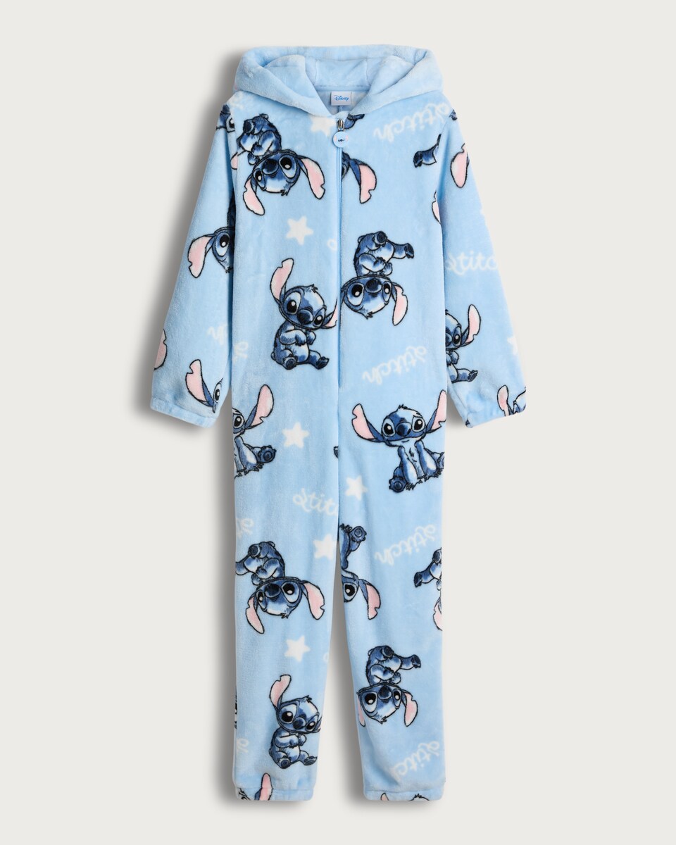 image 1 of Disney Lilo & Stitch Print Fleece Hooded Onesie in Multi